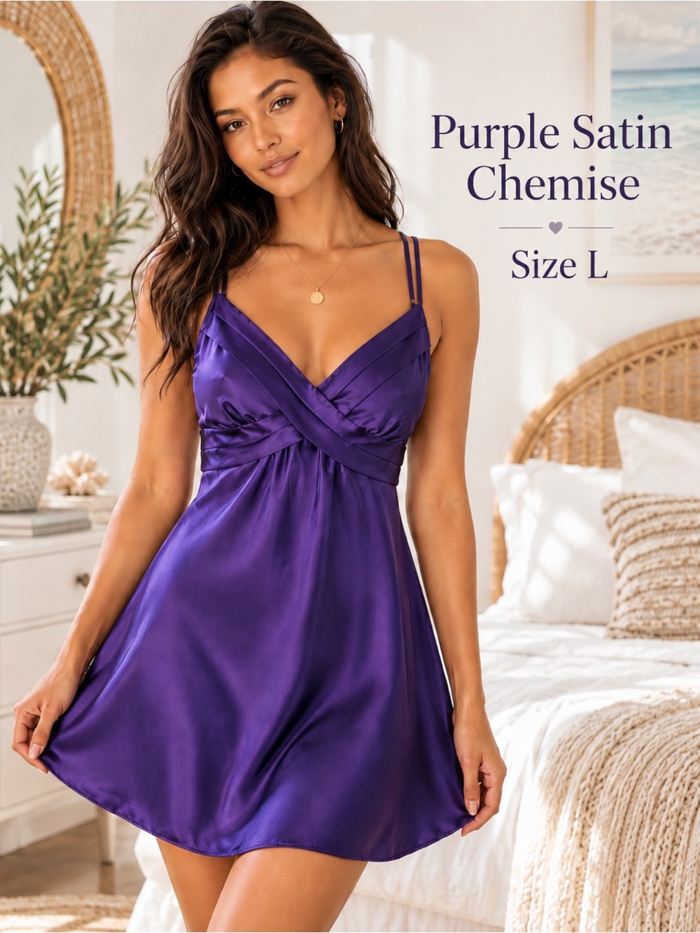 Purple Satin Chemise Nightgown Women’s L Babydoll Adjustable Straps